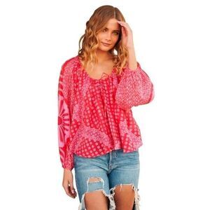 Free People Elena Printed Blouse Top Cotton Floral Red Balloon Sleeves XS 285731